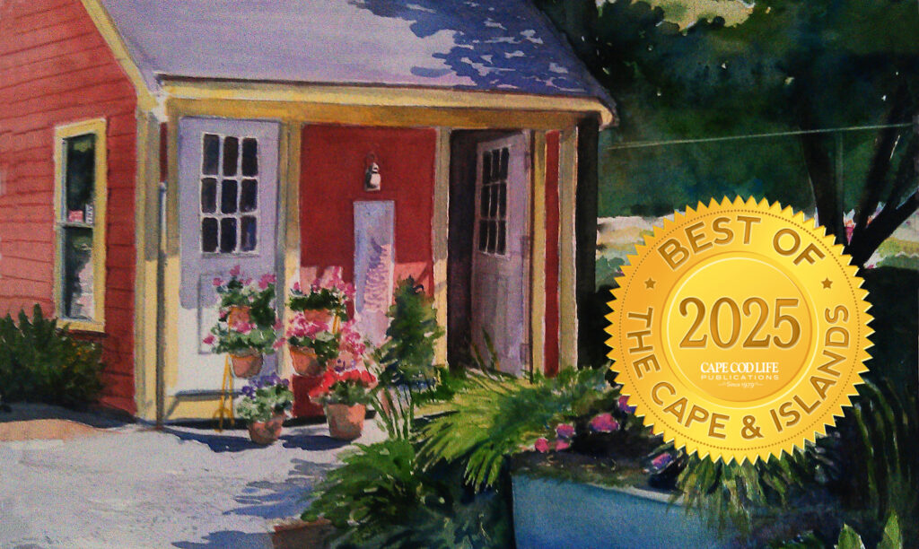 A watercolor of a red shed with trees and plants around it. There is a Best of the Cape and Islands 2025 award on the image.